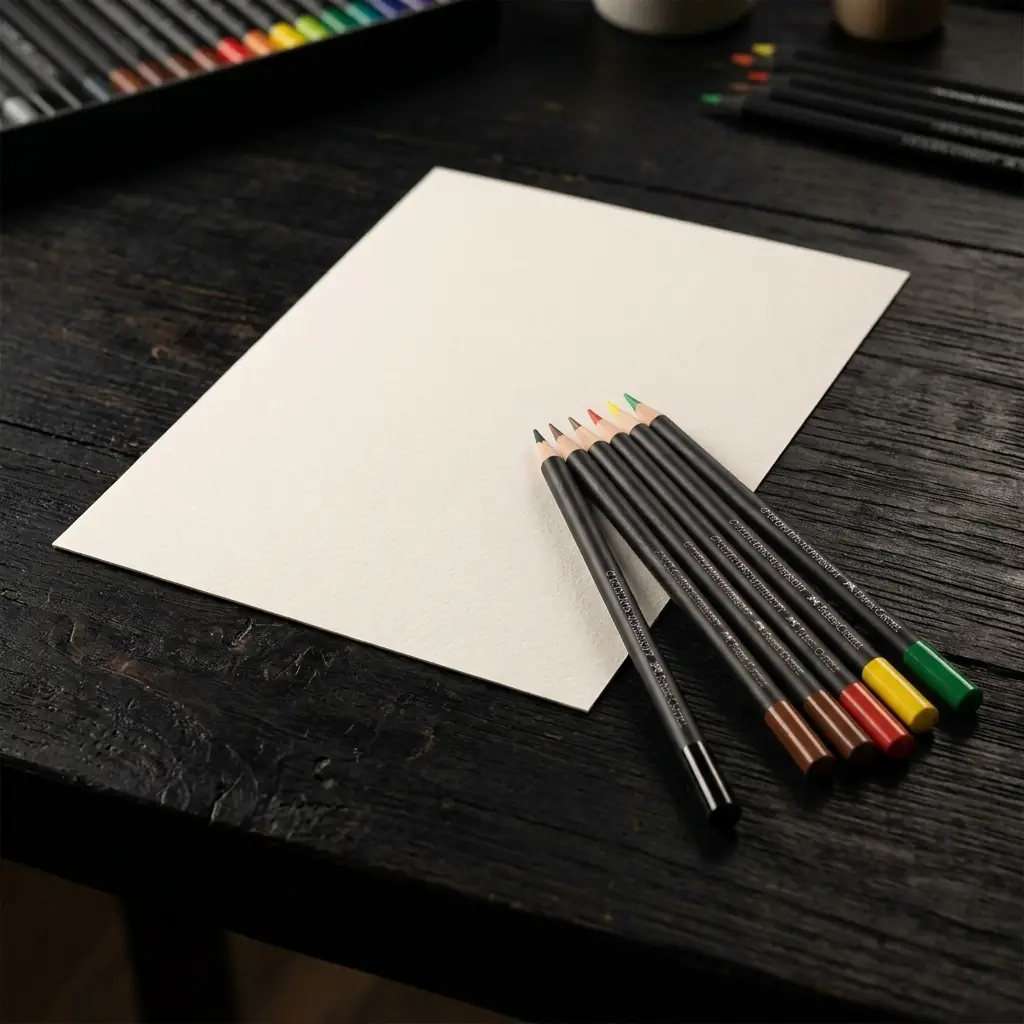 Papel branco e lápis de cor simples sobre uma mesa de madeira