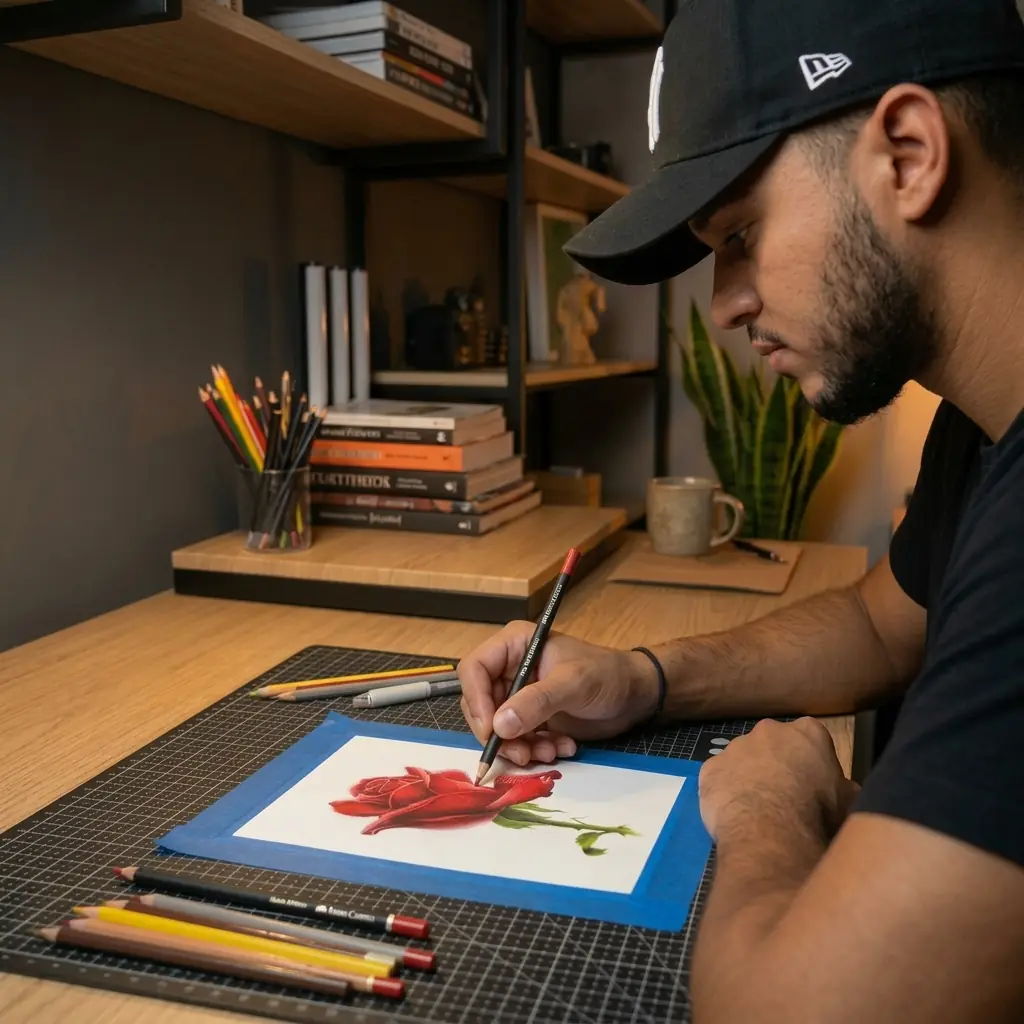 Artista desenhando uma rosa realista com lápis de cor na mesa de trabalho